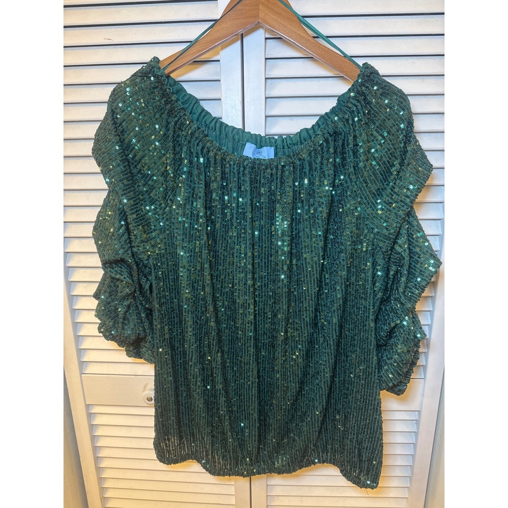 CeCe Green Sequin Off The Shoulder Ruffle Sleeve Blouse XL Emerald Holiday Top